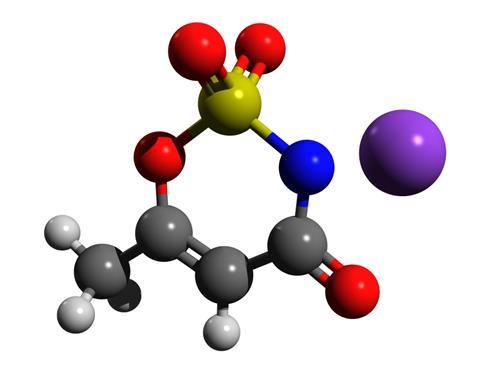 Acesulfame potassium ball and stick structure