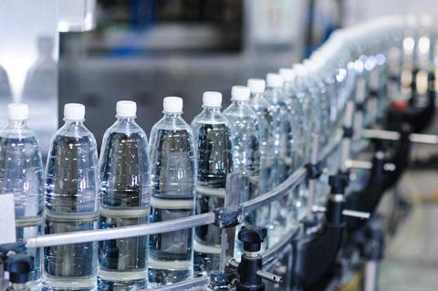 PET plastic bottles on a production line