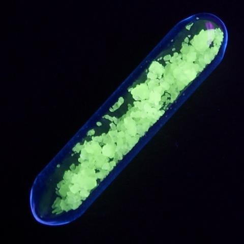 Terbium sulfate, Tb2(SO4)3, fluoresces green under ultraviolet light