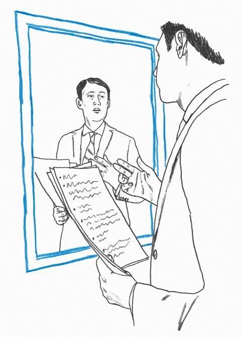 An illustration showing a man rehearsing for an interview