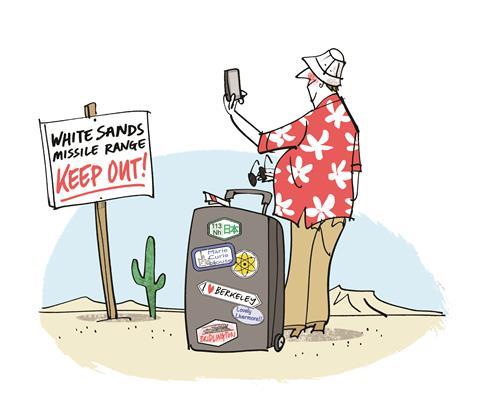 An illustration of a tourist at White Sands missile range