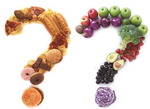 Healthy versus unhealthy food question marks 