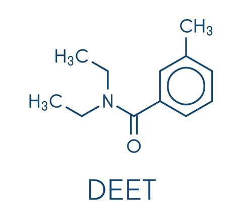 DEET (diethyltoluamide, N,N-Diethyl-meta-toluamide) insect repellent molecule. Skeletal formula. 