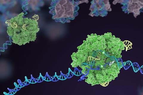 Digital illustration of a Crispr molecule working on a strand of DNA