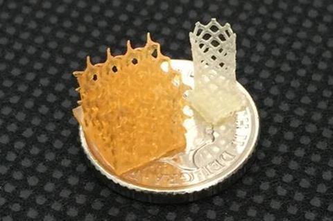 An image showing a 3D printed gel structures on top of a 5p coin for scale