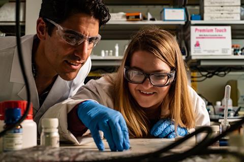 A picture of Rice University materials scientist Rafael Verduzco and graduate student Morgan Barne