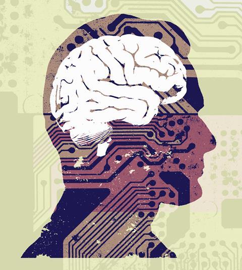 An illustration showing a profile with a brain and circuitry inside it