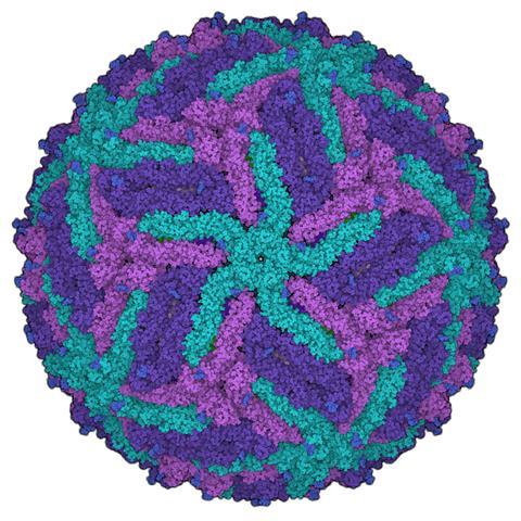 Zika virus illustration. Atoms shown as color-coded spheres.
