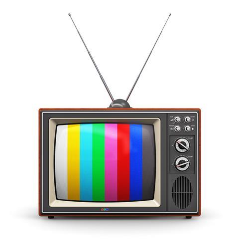  old retro color wooden home TV receiver set with antenna isolated on white background 