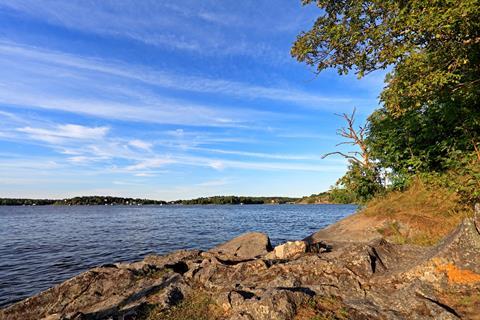Sea shore in town of Vaxholm on the Vaxholm island - within the Stockholm region, Sweden