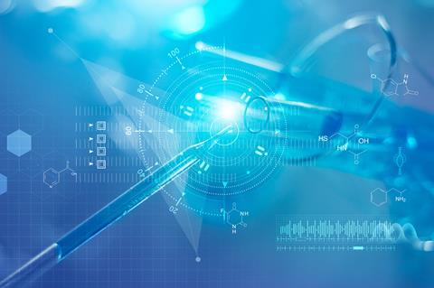 Image shows lab instruments, chemical reaction diagrams and datasets