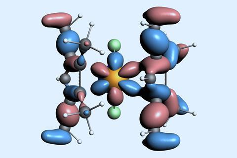 An image showing blobby pink and blue orbitals, arranged in a star shape around an atom in the centre