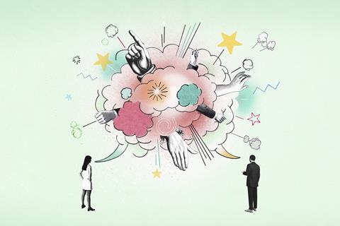 Cartoon suggesting vigorous debate and clash of ideas