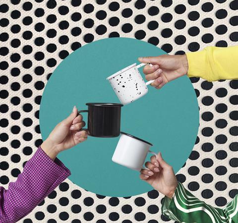 Three hands with a cup in each hand on a polka dot background