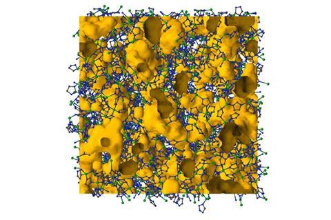 Atomic configuration of the ZIF melt, gained from Reverse Monte Carlo modelling of the total scattering data collected at 856 K. Free volume is represented in orange, Zn atoms in green, N in blue, and C in grey.