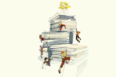 An image showing figures climbing a stack of paperwork