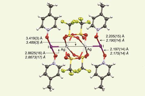 A 3d model of a complex with silver bonded to iodine with a bond length of 2.8625 Angstroms. The complex also contains carbon, nitrogen, fluorine, sulfu, oxygen and hydrogen.