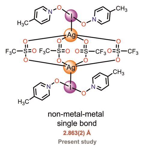 A chemical structure showing two silver atoms bonded to Iodine atoms. The two silver atoms also share four SO3CF3 and the iodine atoms have two organic compounds each