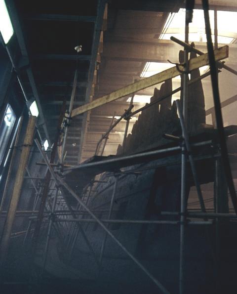 Vasa during the early stages of conservation at the Wasa Shipyard.