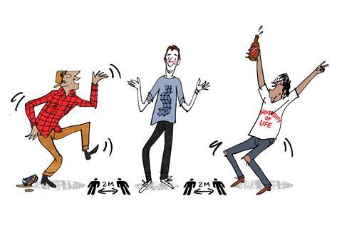 Three university students having fun while social distancing