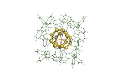 A 3d chemical structure of organic molecules around two rings of eight sulphurs.