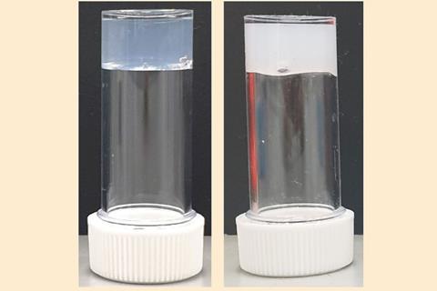 Two vials with white lids upside down with a gel (one clear, one white) stuck to the bottom of the vials