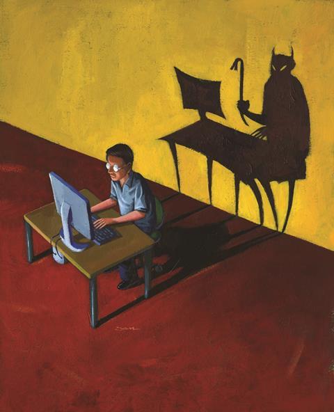 0118CW - Critical Point - Evil shadow behind man working on computer, illustration