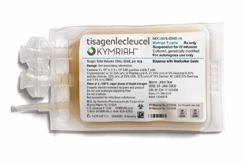 Kymriah (tisagenlecleucel) suspension for intravenous infusion, formerly CTL019, manufactured for each individual patient using their own T cells