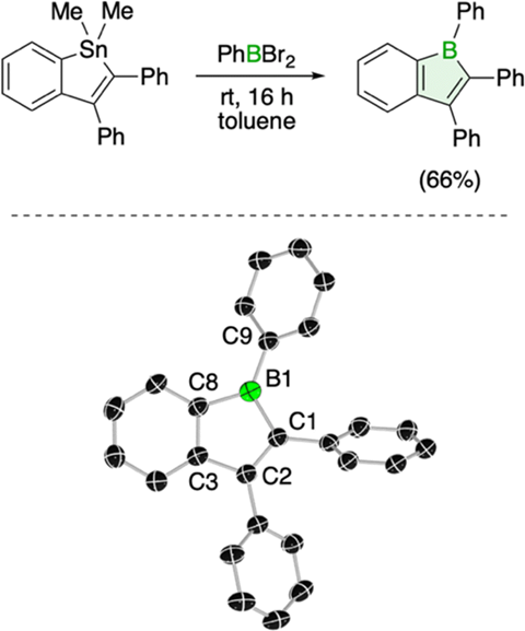 Diagram showing the structure of a boron containing organic molecule and how it is synthesised