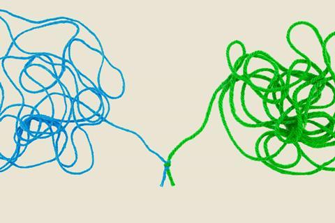 Knotted strings coming together