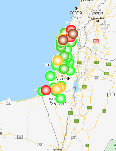 An image showing a map of the radon in Israel at the moment