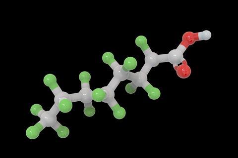 An image showing the structure of perfluorooctanoic acid