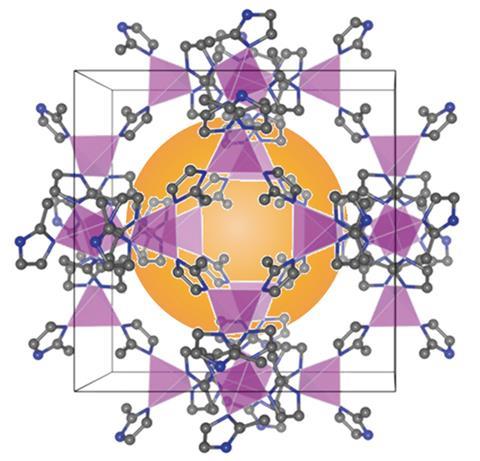 An image showing a number of ball-and-stick structures arranged into tetrahedrons surrounding a large yellow sphere