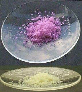 NdCl3 under sunlight (top) and fluorescent light (bottom)