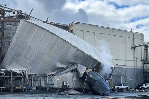 A chemical tank ruptured and collapsed at one site