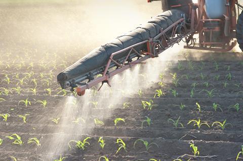 Tractor fertilizes crops corn in spring