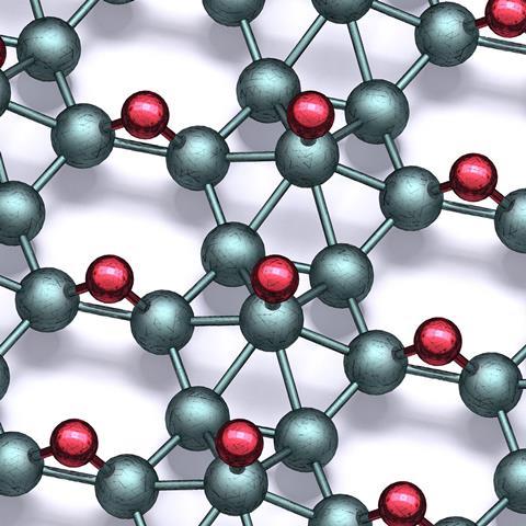 Structure where teal balls represent boron and red balls represent hydrogen