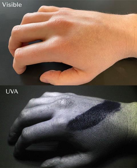 Two images of the same hand. The top one is in visible light showing normal colour with no visible marks. The bottom one is under UVA light showing a black mark across the back of the hand where the UV is being absorbed by the sunscreen