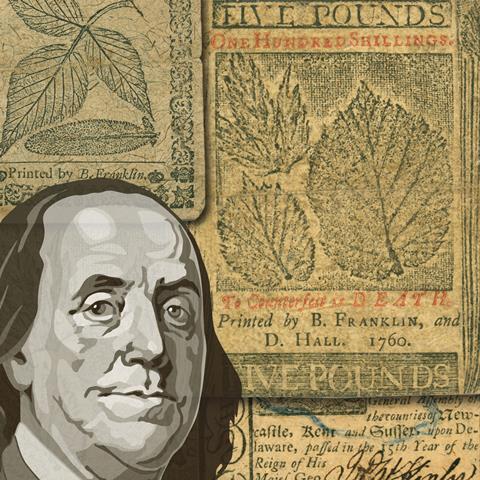 A composite artwork of a portrait of Franklin and some printed paper money