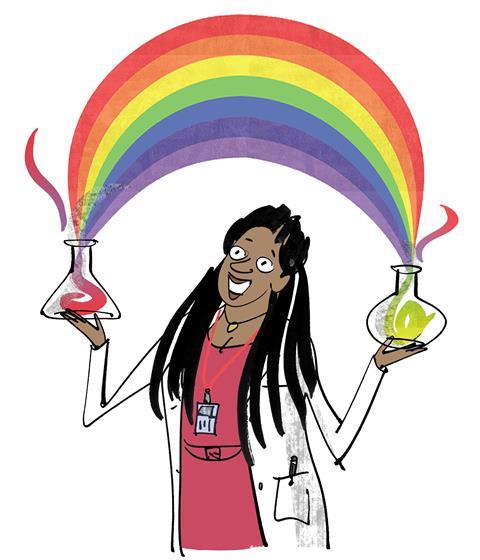 An image showing a scientist with flasks and a rainbow on top of the flasks