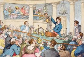 Illustration of early chemistry demonstrations and lectures
