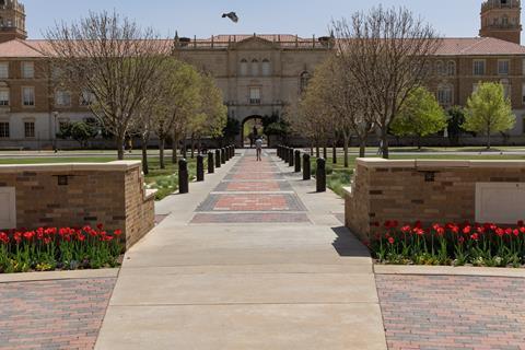 Walkway to an academic building at Texas Tech University