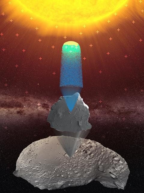An image showing solar wind creating water molecules from dust on Itokawa asteroid