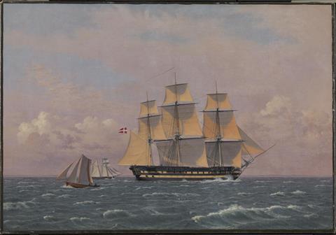 An old oil painting of large old sailing ship on a windy sea with two other smaller ships