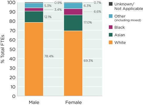 A graph showing ethnicity breakdown for UK chemistry undergraduate students, by gender