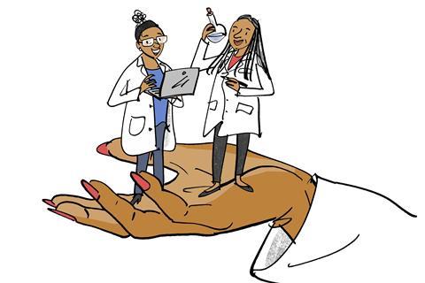 A cartoon of two tiny scientists in a huge hand