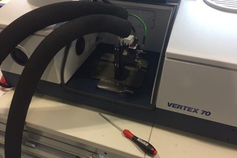 An image showing the reaction vessel in a temperature controlled jacket  inside the FTIR