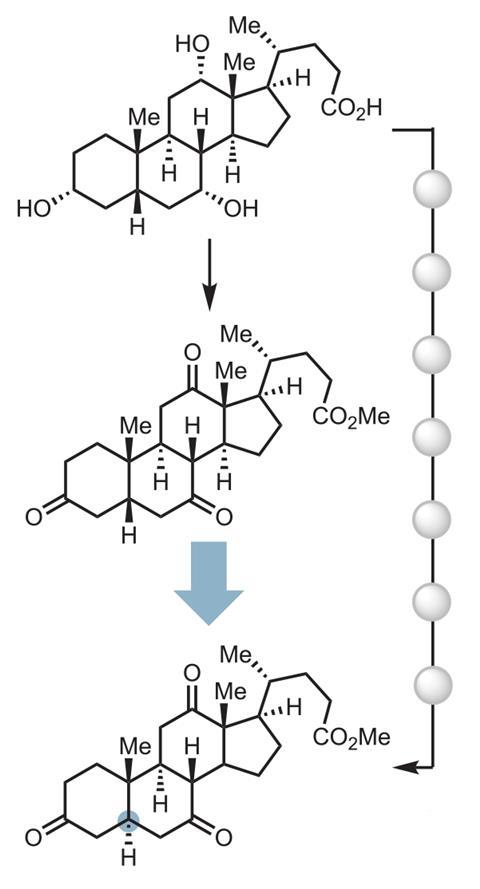 A reaction scheme showing stereochemical inversion at a ring junction of a steroid-type molecule