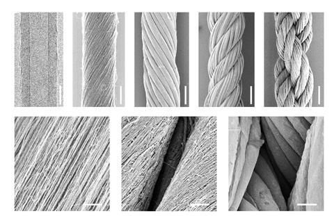 A series of greyscale images showing the textures of rope-like fibres at different magnifications