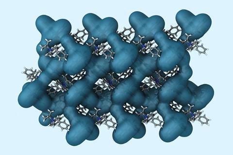 An image showing a blobby teal-coloured network whose holes are occupied with molecular structures